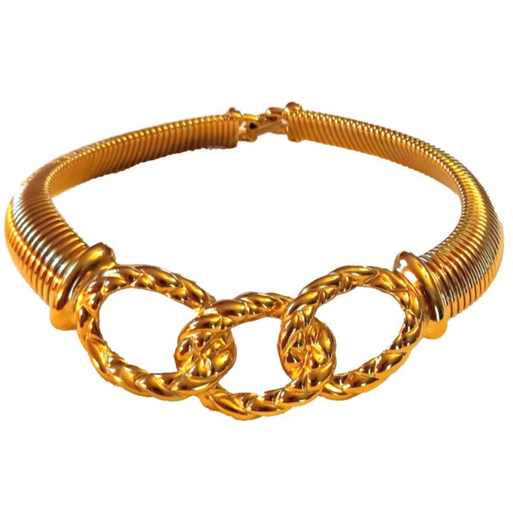 Vintage 1980'S Chunky Gold Color Gas Pipe Choker with 3 interlinked Chains